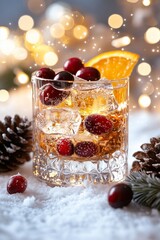 winter cranberry drink, festive cranberry winter cocktail with charm, seasonal snowy cranberry beverage with icy accents, charming winterthemed cranberry cocktail decorated with snow and ice