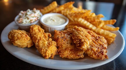 Crispy fried chicken is served with coleslaw and golden crinkly fries at a cozy dine in spot.