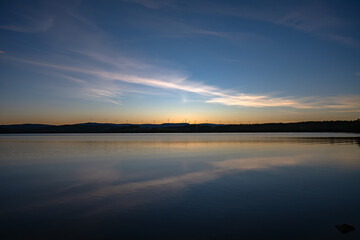 Nordic Sunset with Wind Turbines by the Lake