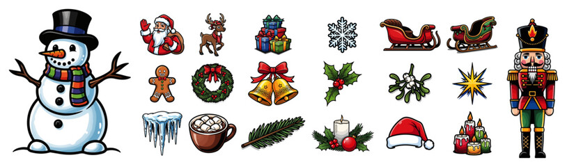 Christmas icons collection — colorful vector set: snowman reindeer gifts sleigh and nutcracker