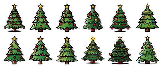 Decorated Christmas Tree Set. Collection of colorful cartoon holiday fir trees with ornaments and stars. Vector illustration. © Cristiano