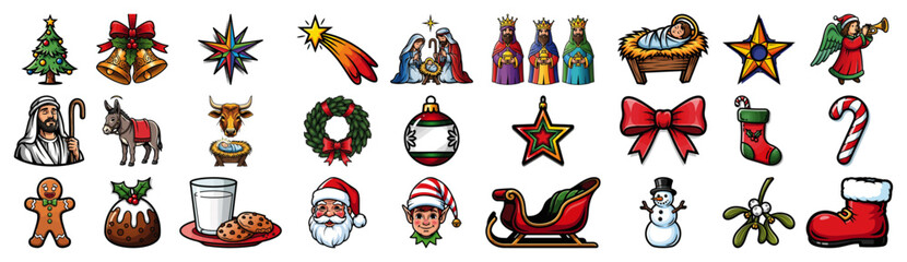 Christmas and Nativity Icon Set. Big collection of colorful cartoon holiday symbols. Vector illustration.