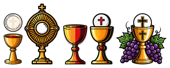 Christian Eucharist and Communion Vector Icon Set. Collection of Catholic Symbols with Chalice Host and Monstrance.