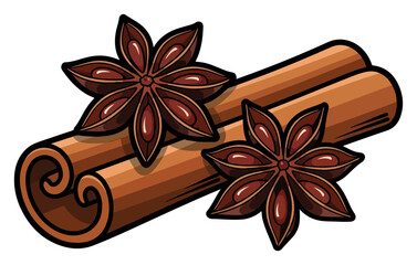 Cinnamon sticks with star anise — aromatic spice vector illustration for winter and Christmas recipes