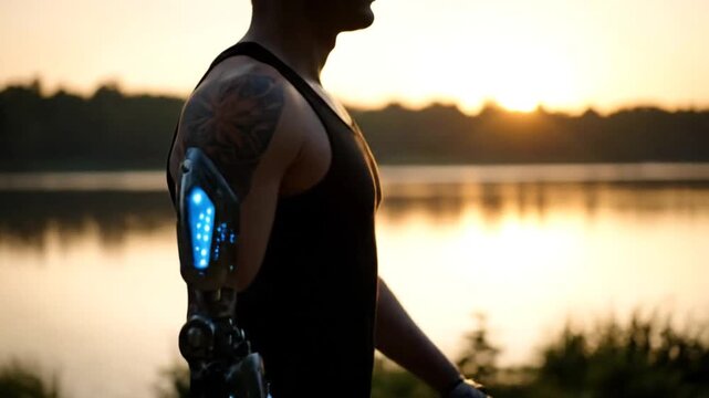 Futuristic Bionic Arm with Glowing Lights on Man at Sunset Lakeside