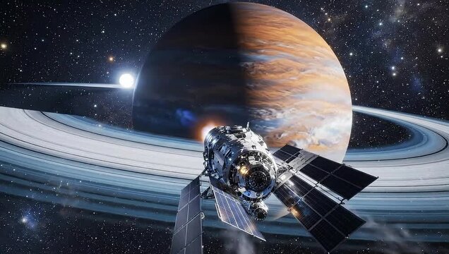 Interstellar Voyager: A spacecraft soars through the cosmos, navigating the celestial tapestry of stars and planets, representing the boundless frontiers of space exploration and technological marvel.