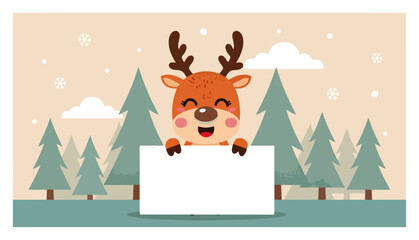 Cute Christmas Reindeer Holding Blank Banner. Winter Forest Vector Background.