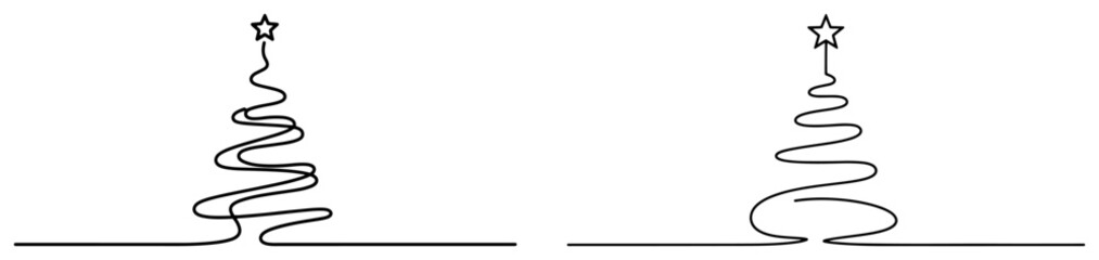 Minimalist Christmas Tree Icon Set. Simple Abstract Holiday Symbols in a Continuous One Line Drawing Style. Vector Illustration.