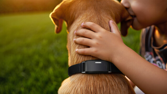 Child showing affection to a pet dog wearing a gps tracker collar in a sunny outdoor setting, symbolizing safety, bond, and responsible pet ownership
