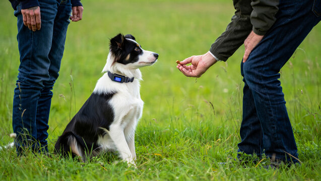 Border collie puppy receiving a treat from an owner during positive reinforcement obedience training in a green grassy field, learning new commands with family