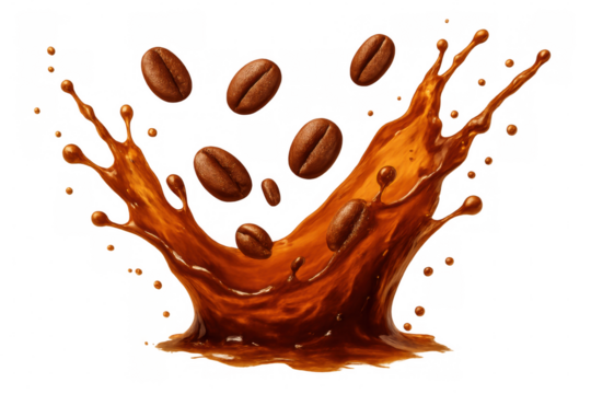 Coffee beans splashing into liquid coffee creating dynamic beverage motion on transparent background