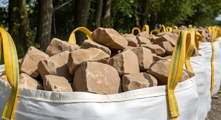 Bulk Bags Full of Brown Rocks Ready for Landscaping and Construction Projects