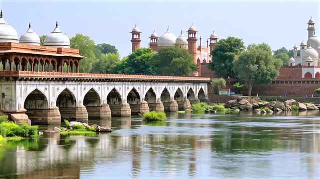 Majestic stone bridge with ornate archways and elegant chhatris spans a tranquil river, bridge reflecting in calm water beneath clear blue sky, showcasing timeless architecture and historic beauty.