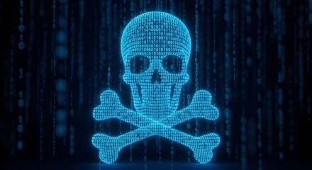 Digital Skull and Crossbones Cyber Threat Symbol in Binary Code with Dark Background