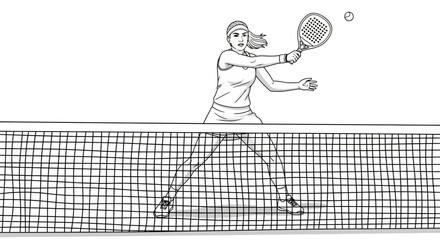 Dynamic line art illustration of a focused female athlete in a racket sport, intensely hitting a ball over a textured net, showcasing athletic performance and competitive spirit