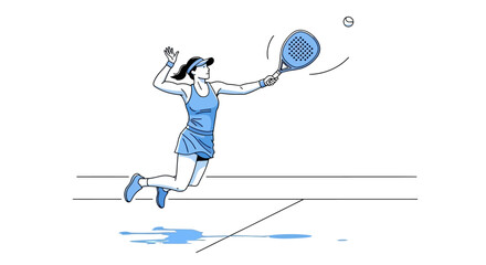 Dynamic illustration of a woman tennis player executing an athletic jump serve or volley, showcasing agility and precision on the court. A modern visual representation of competitive sports