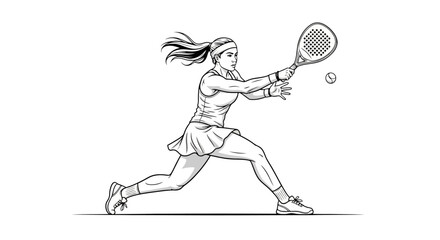 Dynamic line art illustration of a female racket sport player in action, hitting a ball with a powerful stroke, highlighting athleticism and determination in a game