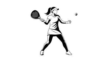 Black and white illustration of a female tennis player hitting a ball during a match, captured in a dynamic stance