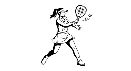 Female padel player in action, hitting the ball with a racket, black and white illustration