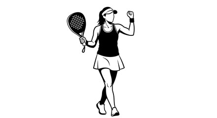 Victorious female padel player celebrating a point with a triumphant fist pump. Dynamic black and white vector illustration of a woman athlete