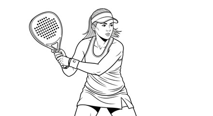 Focused woman athlete with a racket playing padel, depicted in a clean black and white line art style