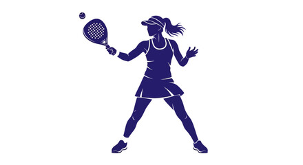 Stylized silhouette of a woman playing padel, captured in an energetic athletic pose with racket and ball