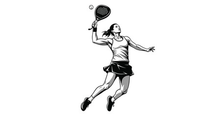 Dynamic Black and White Illustration of a Female Padel Player in Action