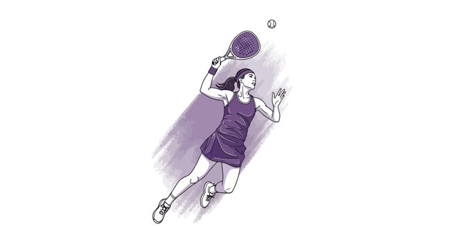 Dynamic and energetic illustration of a female tennis player leaping in mid-air to hit a powerful forehand shot, showcasing athletic skill and passion for the sport with a modern graphic design