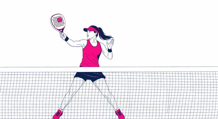 Energetic vector graphic featuring a determined woman actively playing padel, mid-action with her racket, demonstrating agility and focus on the sports court