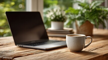 Modern workspace with open laptop computer and ceramic coffee mug on wooden desk near window with lush green plants for creative work or remote office setting