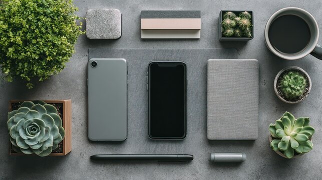 Modern workspace with gadgets and plants featu smartphones, tablets, laptops, notebooks, and succulents arranged on a gray surface for technology and home office concept