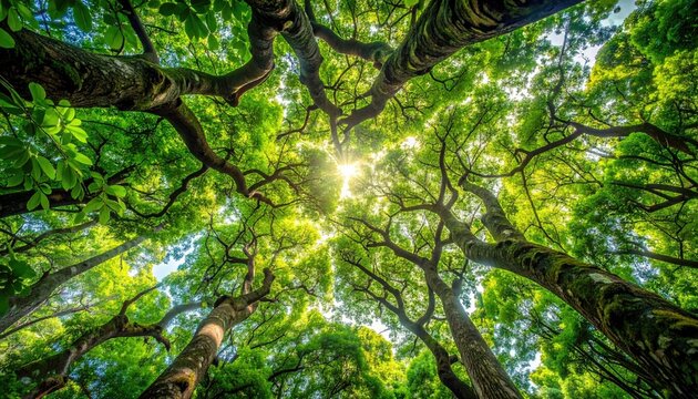 Looking up through a dense forest canopy with lush green leaves and branches illuminated by bright sunlight filtering through the trees creating a serene natural environment in daylight