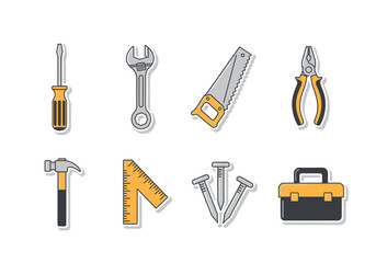 Tools arranged screwdriver wrench saw pliers hammer ruler nails toolbox