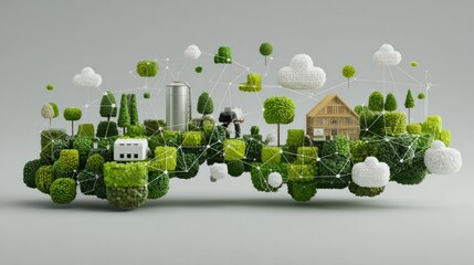 Miniature Eco-Friendly Landscape Model with Trees Cloud Structures Solar Panels and House Representing Sustainable Environment and Green Technology Concept