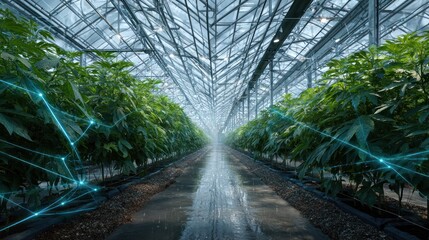 Modern high-tech indoor greenhouse with lush green cannabis plants growing in a controlled environment with digital technology and futuristic elements