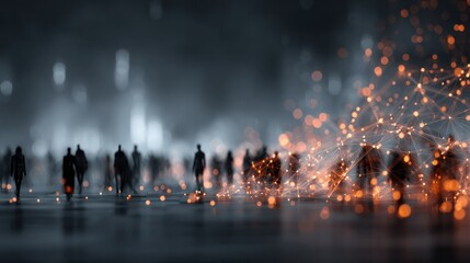 Futuristic cityscape with glowing sparks and silhouettes of people walking on a reflective wet surface creating a high-tech urban environment scene at night