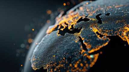 Detailed nighttime satellite view of illuminated continents including Europe and Africa showing bustling cities and transportation networks on a glowing Earth