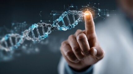 Digital illustration of futuristic human hand interacting with glowing holographic DNA strand representing genetic research and biotechnology innovation