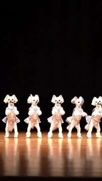 A synchronized line of adorable, fluffy white dogs performs a dance routine on a wooden stage, showcasing their talent in a beautiful and funny show