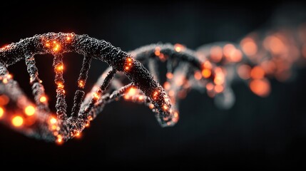Close-up of a glowing DNA double helix strand with illuminated base pairs and a dark background representing genetic science and molecular biology research