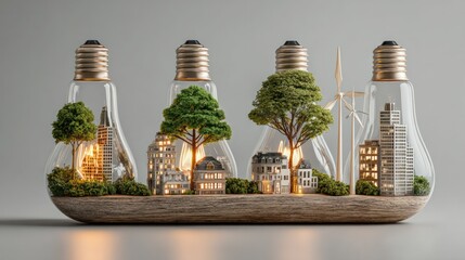 Eco Friendly Creative Sustainable Cityscape Inside Light Bulbs with Green Trees Modern Urban Development with Renewable Energy Concepts and Nature Integration