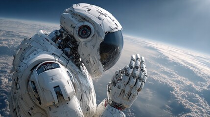 Astronaut in White Space Suit Praying or Meditating in Space Above Earth with Starry Background and Clouded Atmosphere du a Space Mission or Exploration