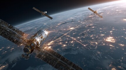 A detailed view of a large modern satellite with solar panels orbiting above the Earth with city lights visible at night, showcasing space technology and satellite communication