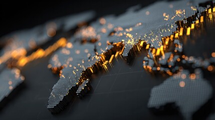 Highly Detailed Dark World Map with Illuminated Gold and Blue Landmasses Showing Global Geography and Topographical Elements for Technology and Business Visualization