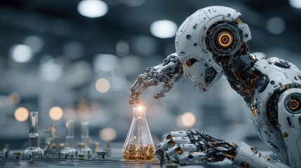 Highly detailed futuristic robot scientist conducting chemistry experiment with glowing flask in advanced laboratory setting showcasing technology innovation and artificial ligence