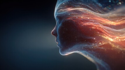 Abstract digital art of a woman's profile with flowing cosmic energy and vibrant light streaks creating a futuristic and surreal visual of imagination and creativity