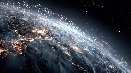 Stunning view of Earth from space showing illuminated continents and swirling clouds with sparkling starfield background highlighting our planet's beauty and environment