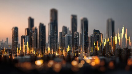 Modern city skyline du twilight with illuminated skyscrapers and colorful financial graph overlay representing urban growth and economic trends