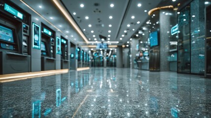 Modern high-tech data center with multiple server racks illuminated by blue LED lighting and sleek reflective floo in a futuristic digital environment