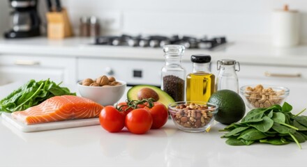 Fresh ingredients for a healthy, ketogenic diet including salmon, avocado, and nuts , Variety of whole foods on a white kitchen countertop, showcasing healthy eating